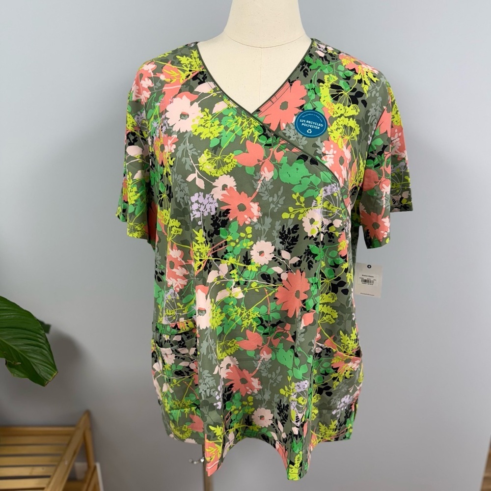 NWT Cherokee Scrub Top 3X Botanical In Bloom Mock Wrap Scrubs Green Peach Floral